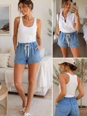 Harlow Tencel Chambray Paperbag Waist Shorts Blue Drawstring Medium